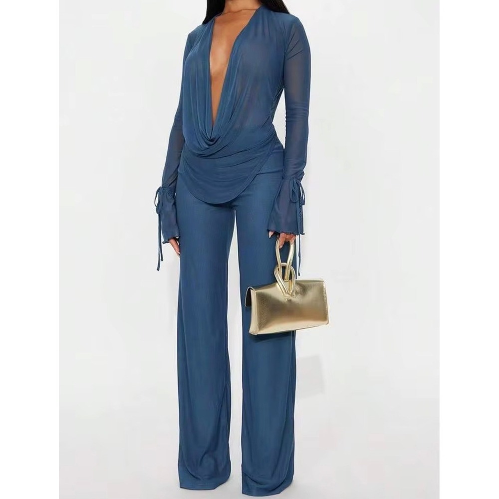 Blue Sheer Mesh Cowl Neck Long Sleeve Top and Wide Leg Pants Set Size M